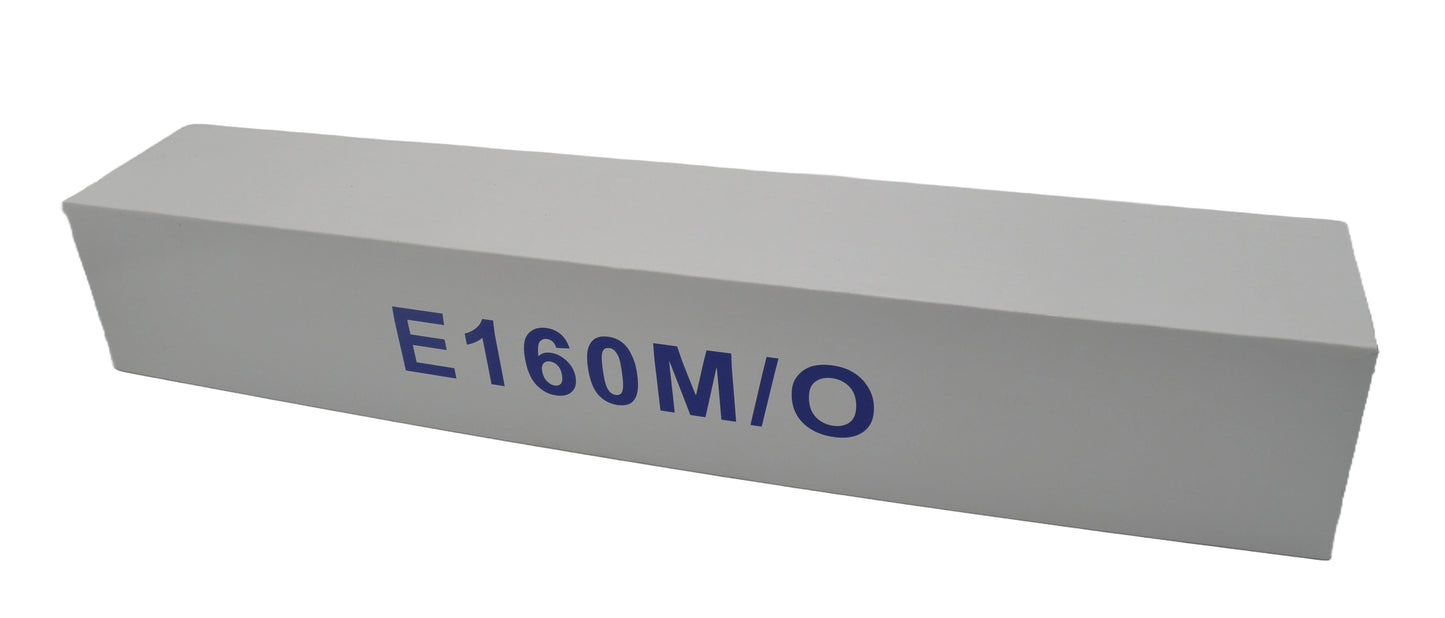A white box with E160M/O in blue lettering , on a white background.