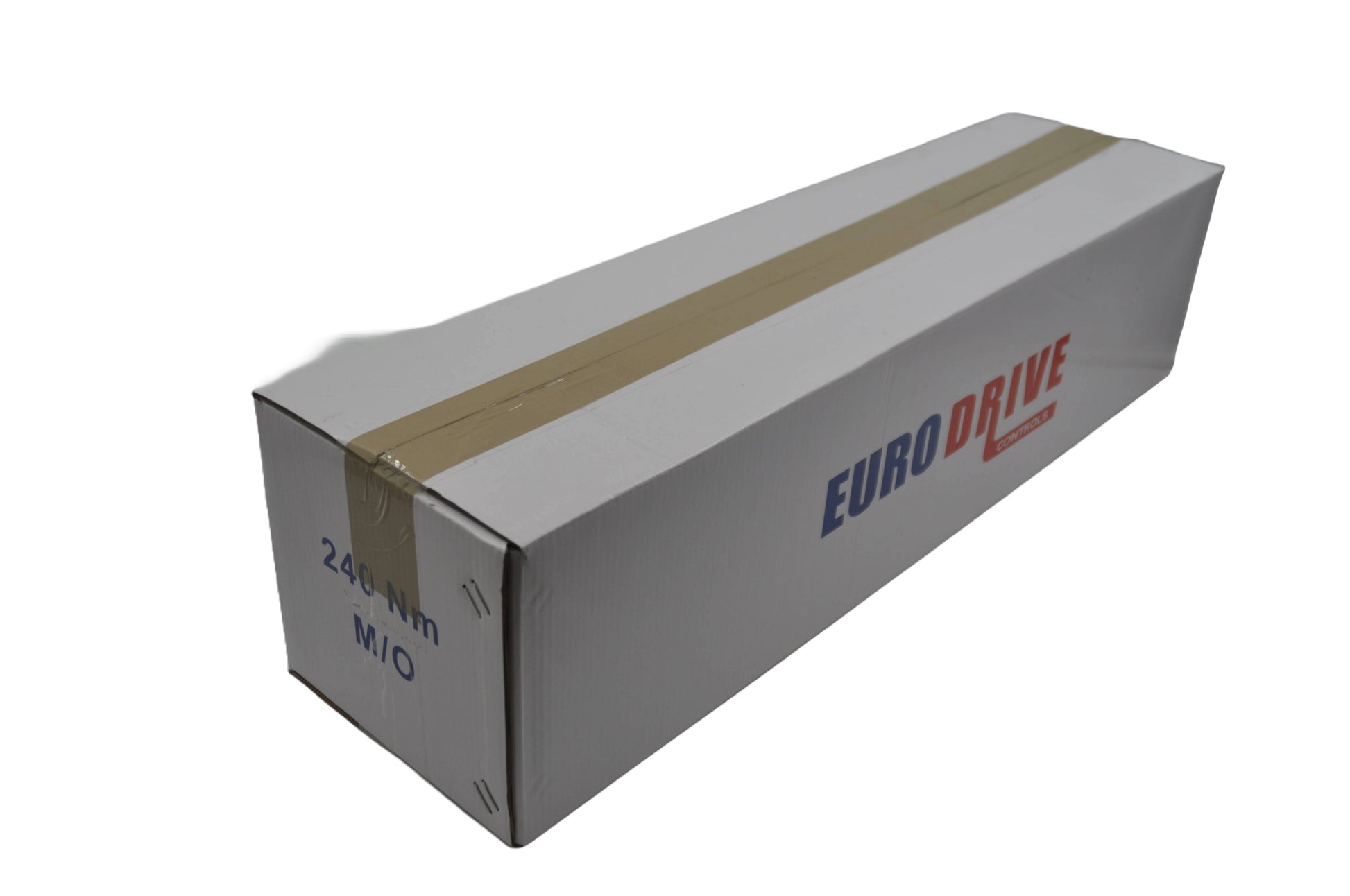 White cardboard box with brown tape and 'EuroDrive' branding on a white background