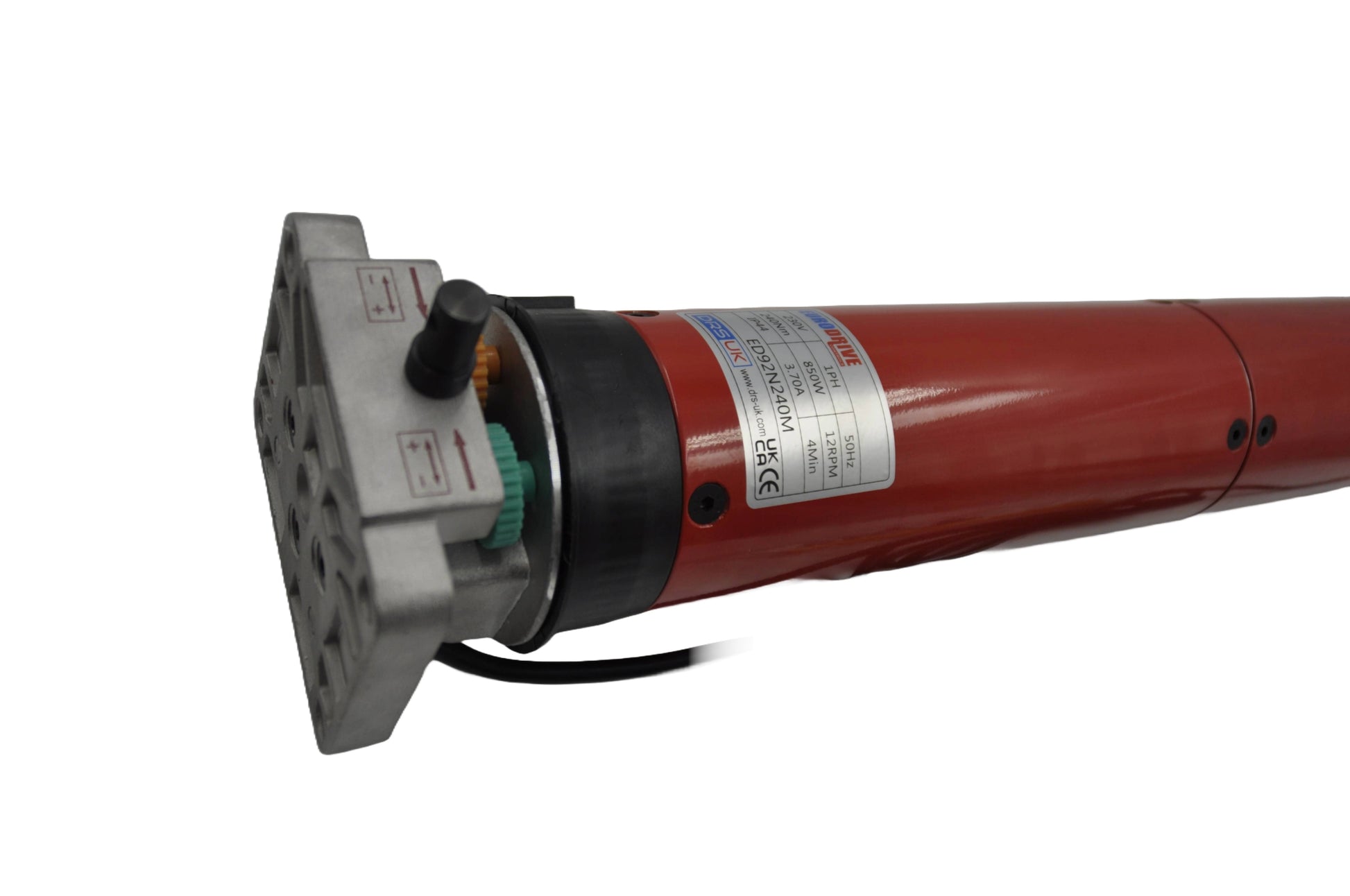 Part of red Euro drive motor with a label and component, on a white background.