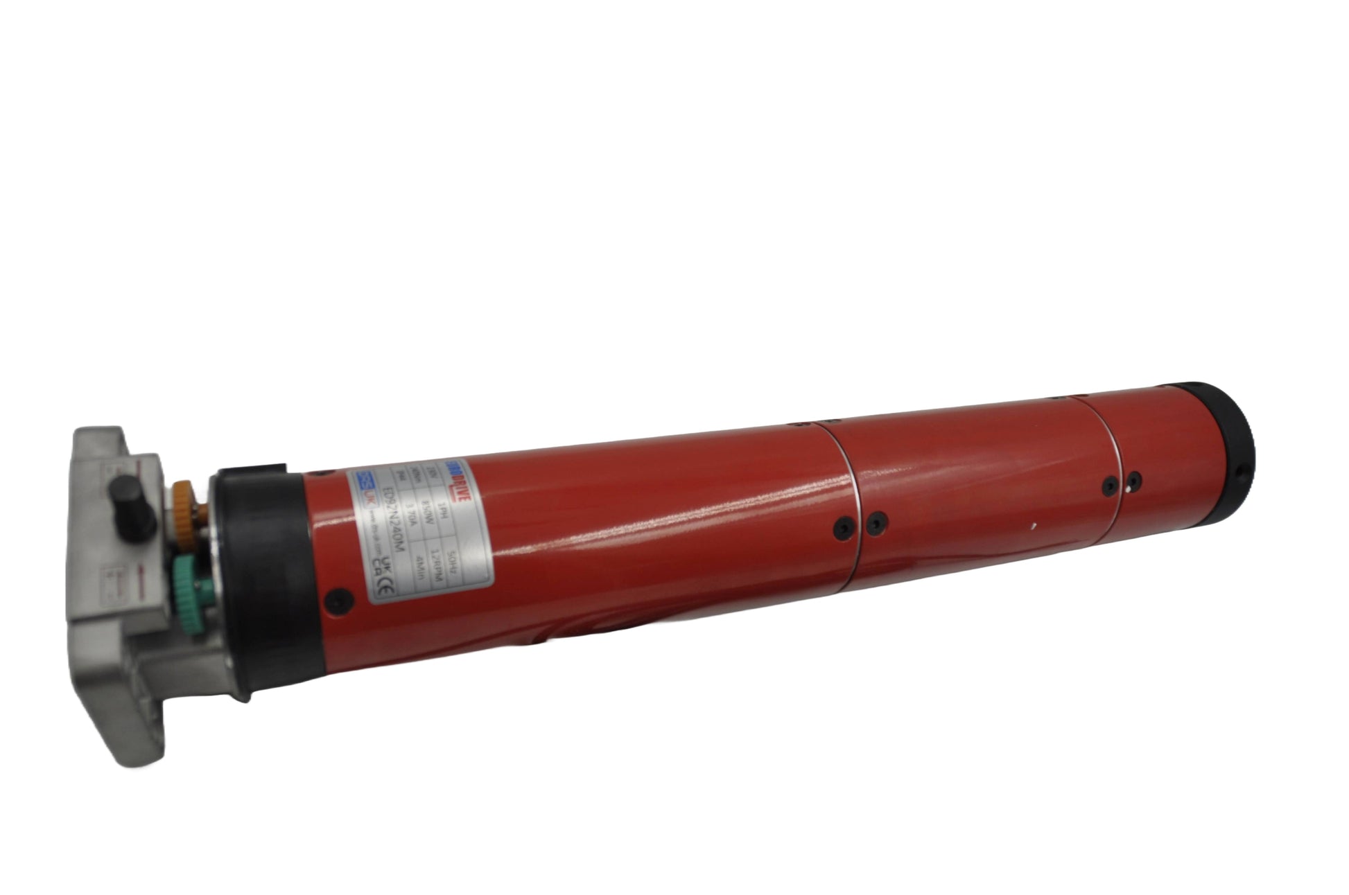 A red Eurodrive motor with components, on a white background.