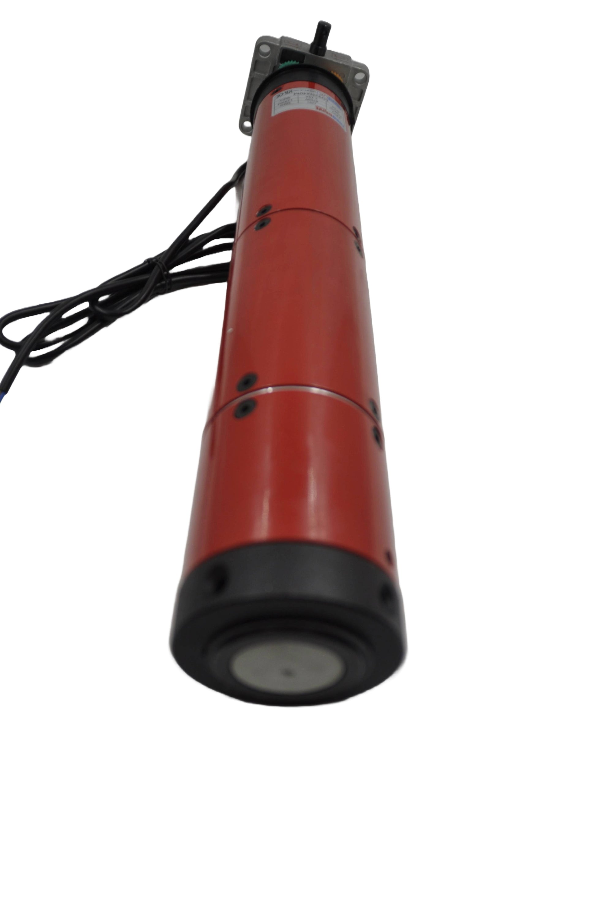 Red cylindrical device with a black base  with a black wire, on a white background.