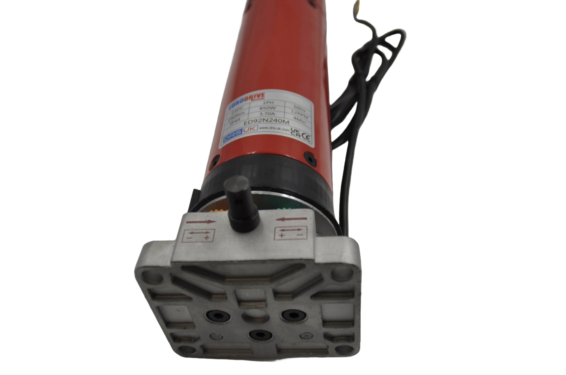 Red and grey industrial motor on a white background.