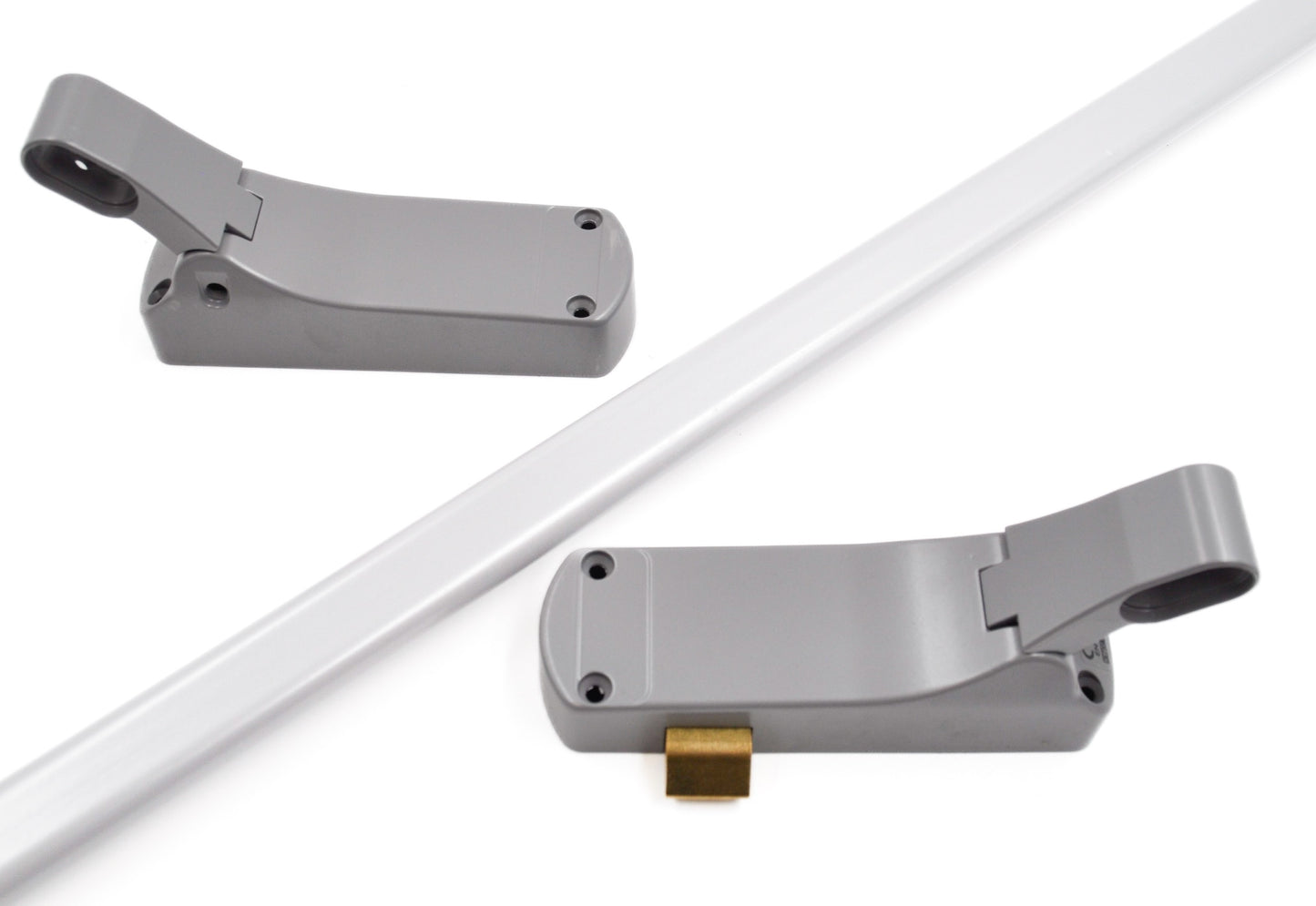 A silver Exidor single panic latch with a push bar, designed for emergency exit applications in buildings. On a white background.