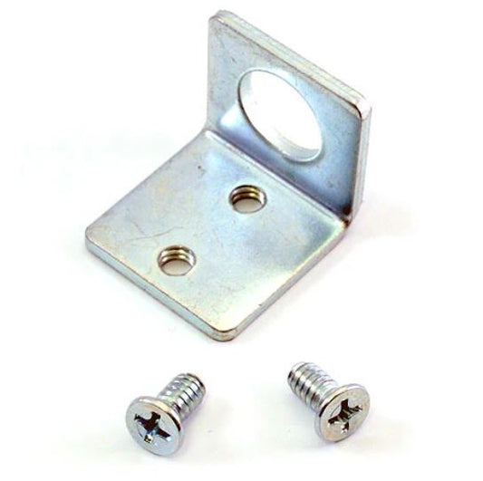 Flush bolt guide consisting of a Metal bracket with two screws on a white background