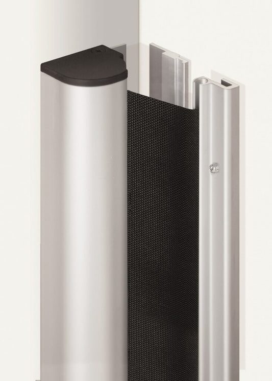 A black finger guard installed on a white door frame, featuring a quick release system, on a white background.