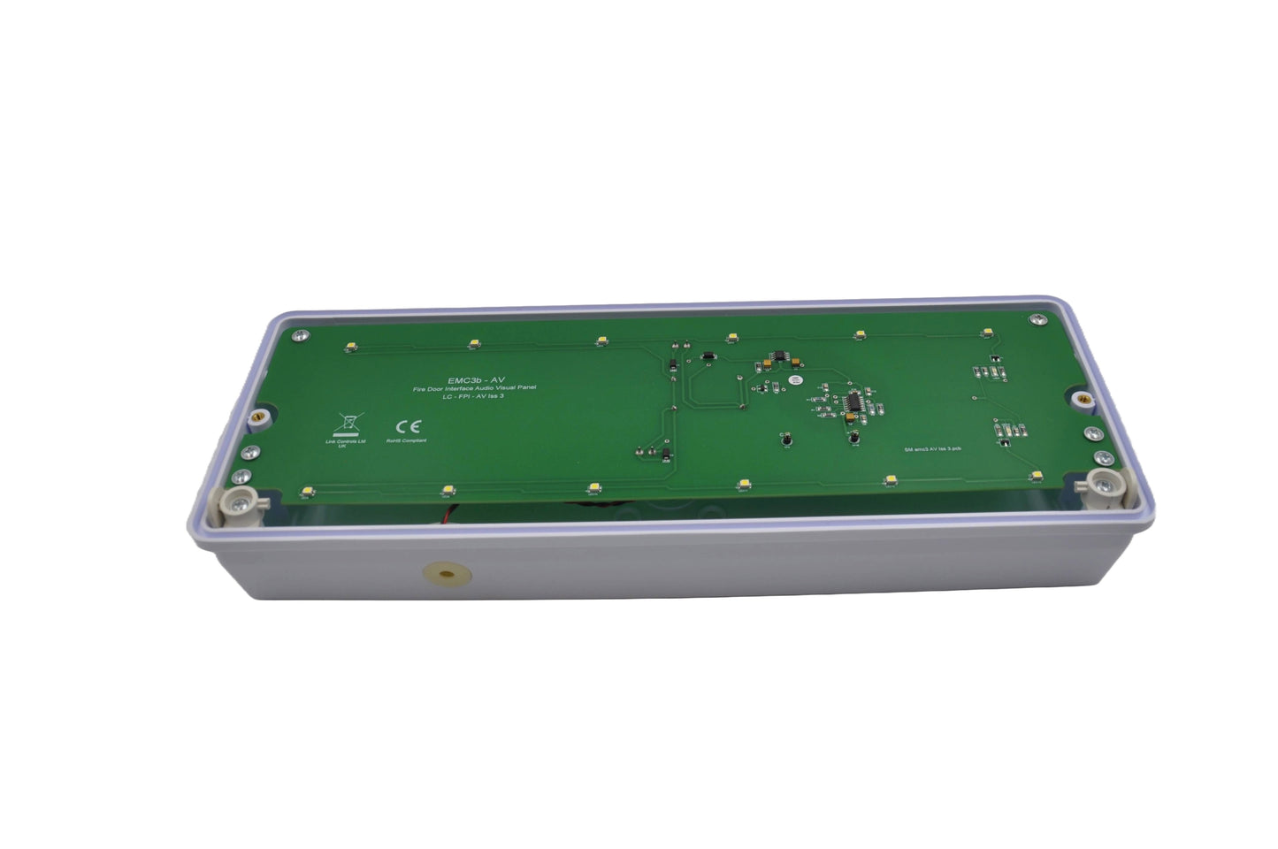 Rectangular casing showing a green control board on a white background.