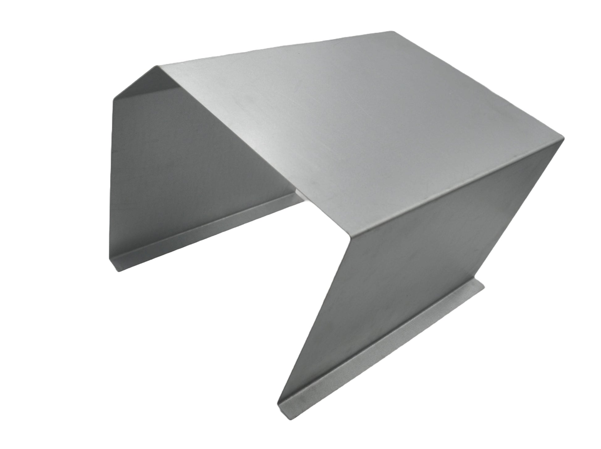 A custom-made galvanised roller shutter hood cover, made from high-quality galvanised steel, designed to provide safety and aesthetic benefits by covering the curtain roll and barrel assembly of a roller shutter. On a white background.