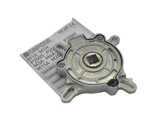 A Gaposa Roller Shutter Safety Brake, which is a mechanical device with a silver and black finish, designed to prevent sudden drops or uncontrolled movements of roller shutters. On a white background.