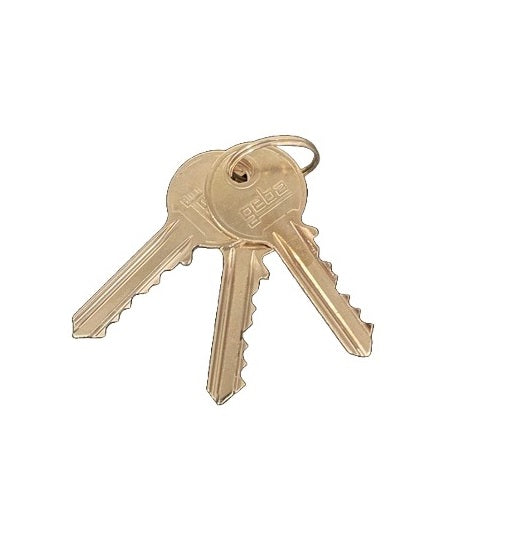 Face view of 3 Gold keys on a key ring with gebe embossed on them on a white background.