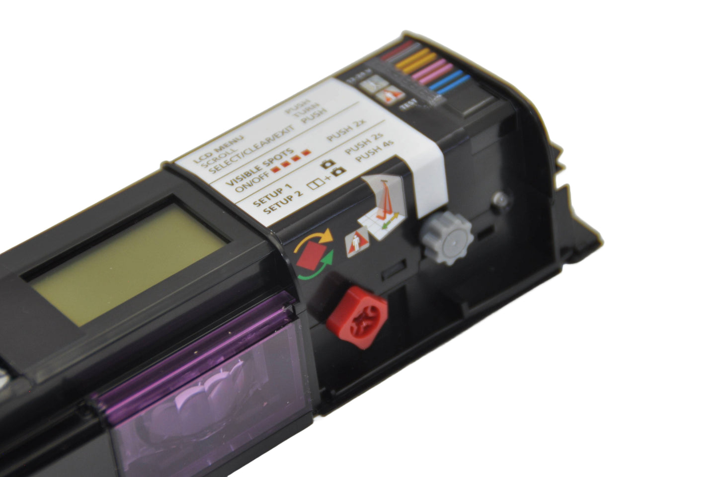 An image of a black BEA IXIO-DT1 dual sensor for automatic sliding doors with visible digital display, white label with printed information on it and a red and frey plastic parts. On a white background.