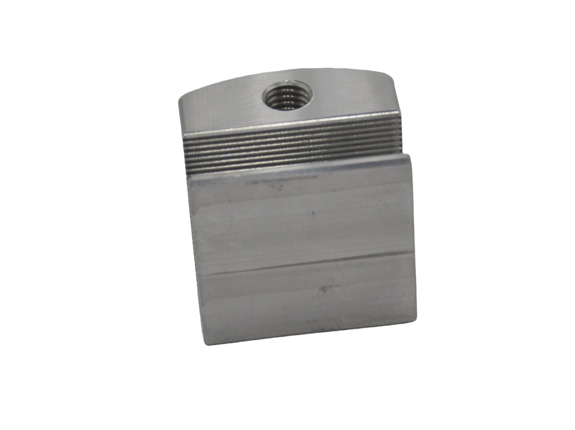 A view of a stainless steel Geze pocket door bracket with an allen key-operated bolt, designed for use with automatic sliding door systems. On a white background.