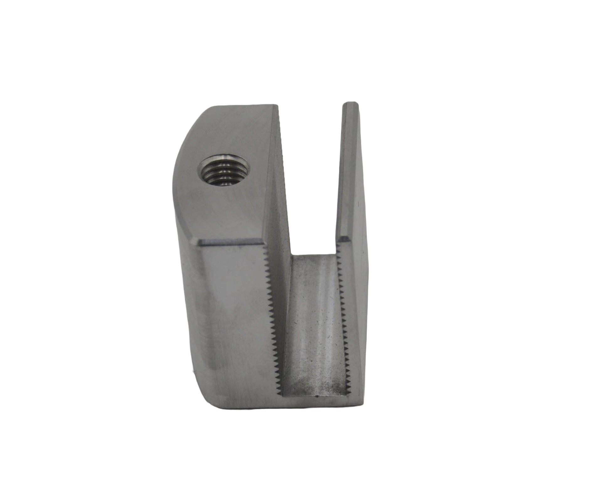 A view of a stainless steel Geze pocket door bracket with an allen key-operated bolt, designed for use with automatic sliding door systems. On a white background.