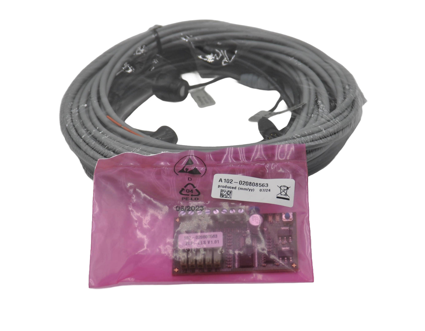 A coiled grey safety beam with a components in a pink bag attached, indicating it is an ELS 261 & ELS 262 component.