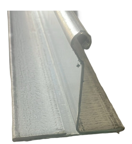 Side profile view of a section of galvanised steel bottom rail designed for use with roller shutter doors, showing a 'T' section profile.