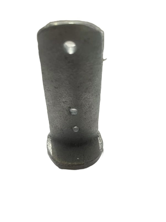 A view of a black cast iron windlock with a zinc-plated finish, featuring three pre-drilled holes for installation. On a white background.