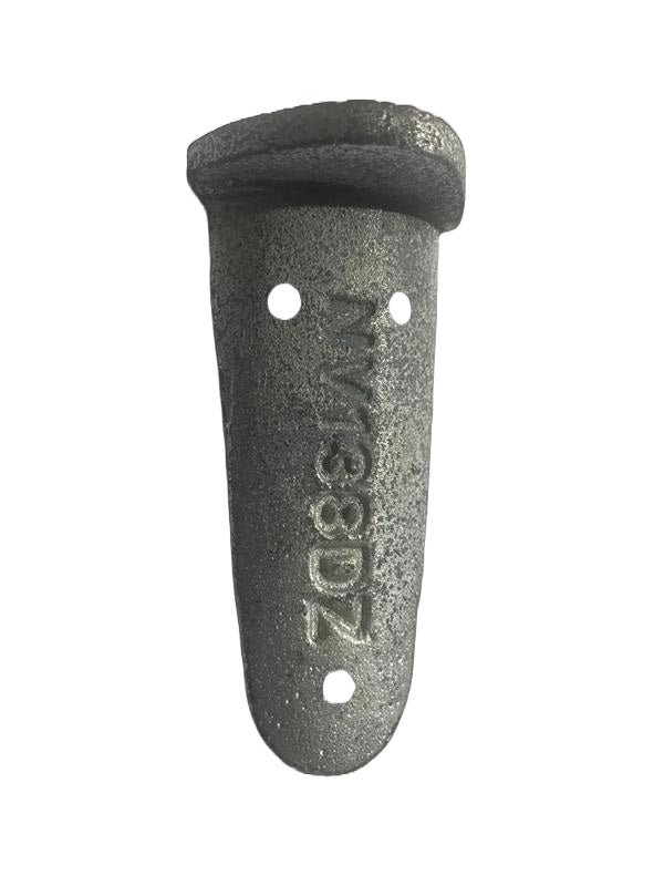 A top view of a black cast iron windlock with a zinc-plated finish, featuring three pre-drilled holes for installation With  NV138DZ embossed on it. On a white background.