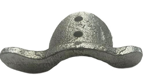 A top view of a  heavy-duty cast iron endlock for a roller shutter door, on a white background.