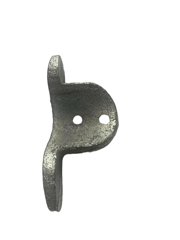 A bottom view of a  heavy-duty cast iron endlock for a roller shutter door, on a white background.