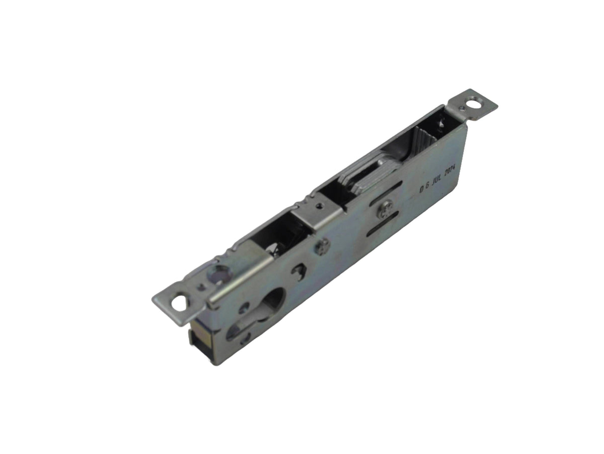 Top view of a  silver-colored Adams Rite 30mm backset hook bolt case made of zinc-plated steel, designed for use with aluminium doors and Euro Profile cylinders on a white background.