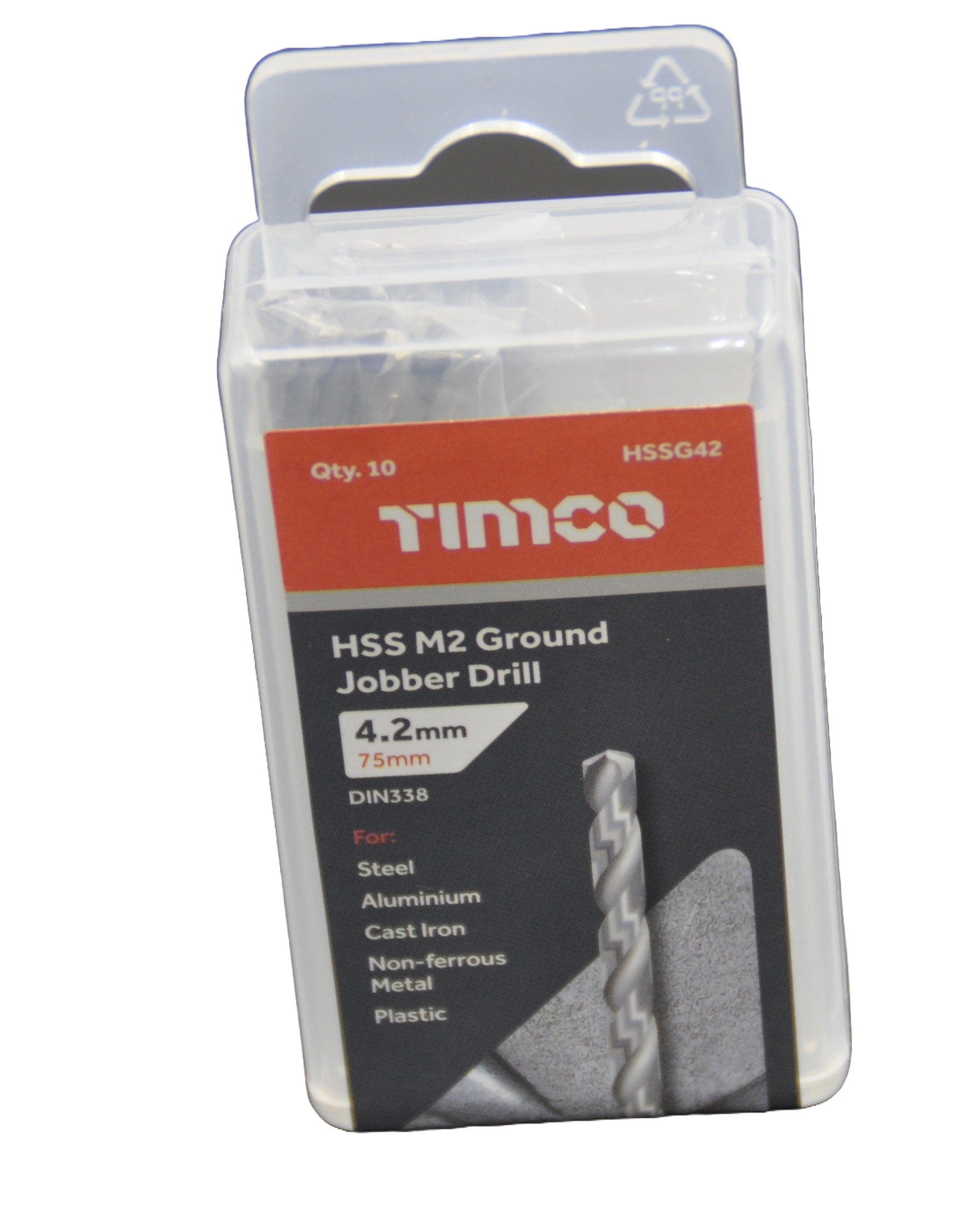 Front View of Timco HSS M2 Ground Jobber Drill  4.2mm packaging on a white background