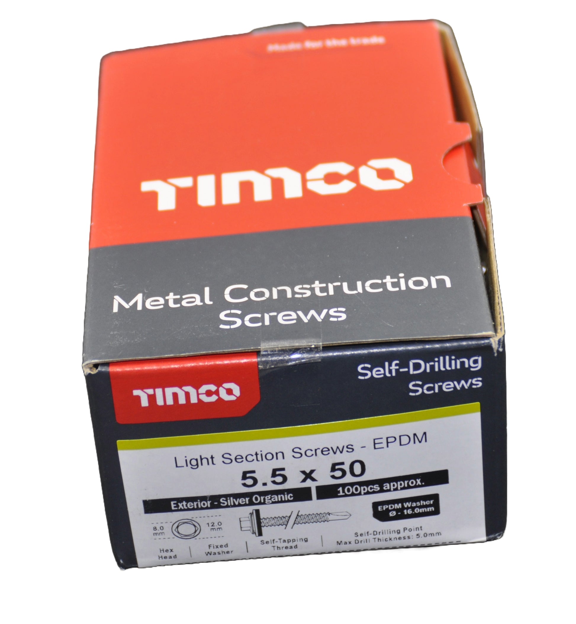 Box of Timco metal construction screws  5.5 x 50 Hex head self drilling screws on a white background