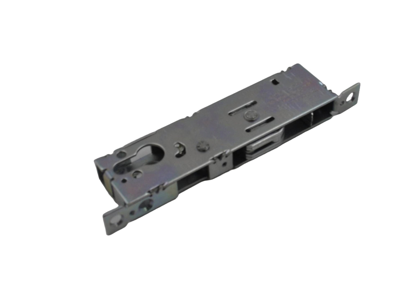 Top view of a  silver-colored Adams Rite 30mm backset hook bolt case made of zinc-plated steel, designed for use with aluminium doors and Euro Profile cylinders on a white background.