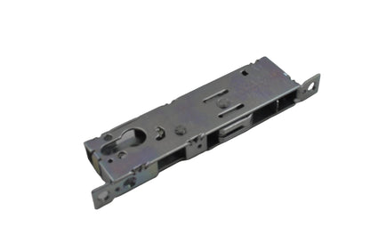 Top view of a  silver-colored Adams Rite 30mm backset hook bolt case made of zinc-plated steel, designed for use with aluminium doors and Euro Profile cylinders on a white background.