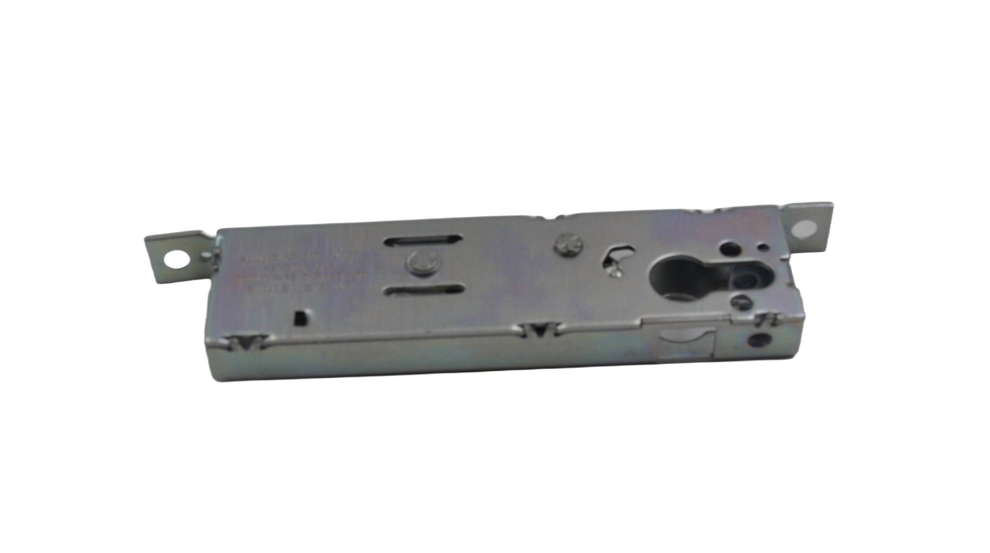 Top rearview of a  silver-colored Adams Rite 30mm backset hook bolt case made of zinc-plated steel, designed for use with aluminium doors and Euro Profile cylinders on a white background.