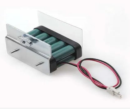 12V Battery pack with red and black wires a connector and casing, on a white background.