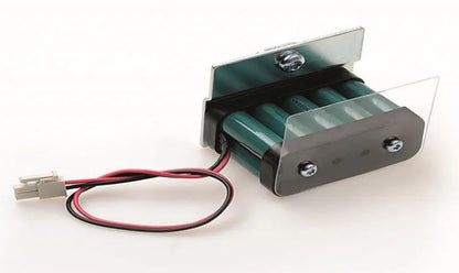 12V Battery pack with red and black wires a connector and casing, on a white background.