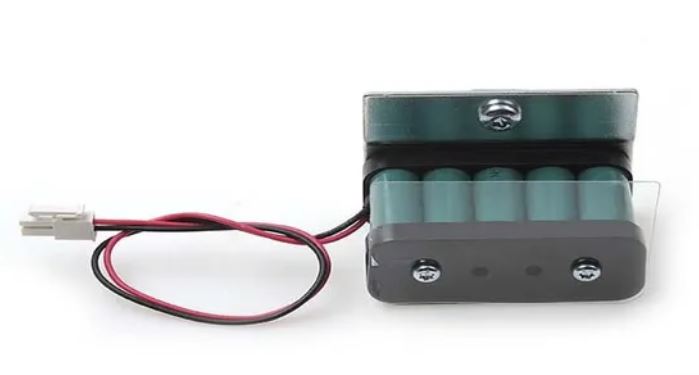 12V Battery pack with red and black wires a connector and casing, on a white background.