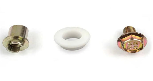 Assa Abloy derailment wheel consisting of  round plastic, a bolt and nut, on a white background.