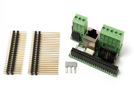 Assa Abloy - EXU-SA-board  including a green PCB with connectors and a set of gold pins on a white background.