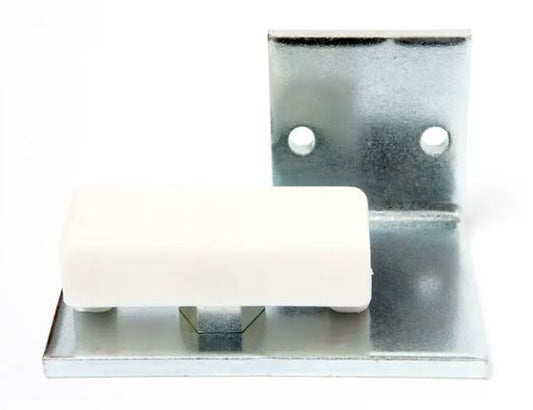 A view of a Assa Abloy floor guide, a metal bracket with white plastic rectangle, on a white background.