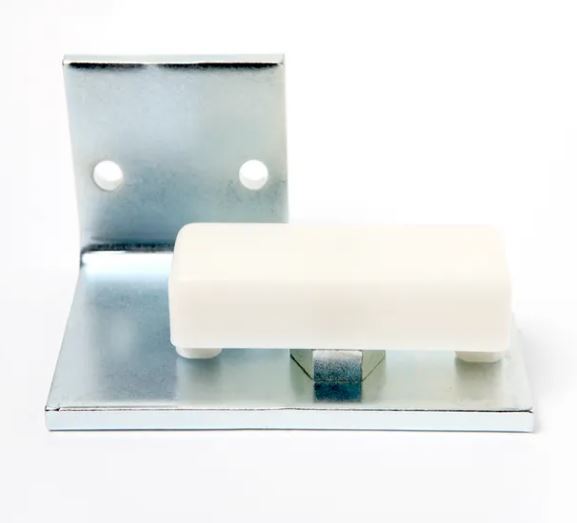 Assa Abloy floor guide, metal bracket with a rectangular  white plastic block on it, on a white background.