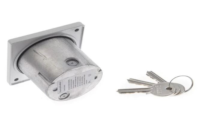 Metal lock mechanism with 3 keys on a keyring, on a white background