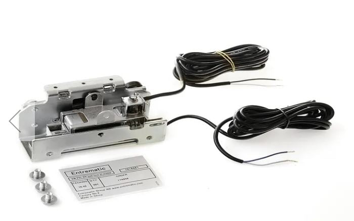 Assa Abloy - MUK Belt lock lock assembly - Bi-stable consisting of a Mechanical component with wiring and label on a white background