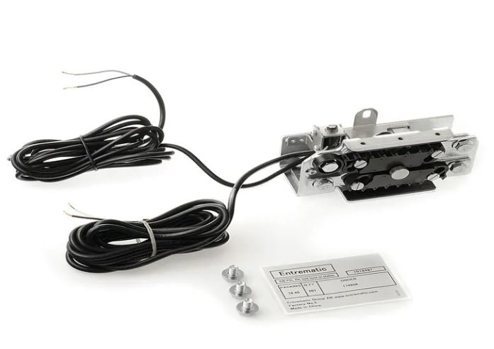 Assa Abloy - MUK Belt lock lock assembly - Bi-stable consisting of a Mechanical component with wiring and label on a white background