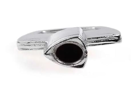 An Assa Abloy metal key with a round hollow end and flay key head, on a hite background.