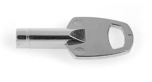 Side view of a Assa Abloy metal key, on a white background.