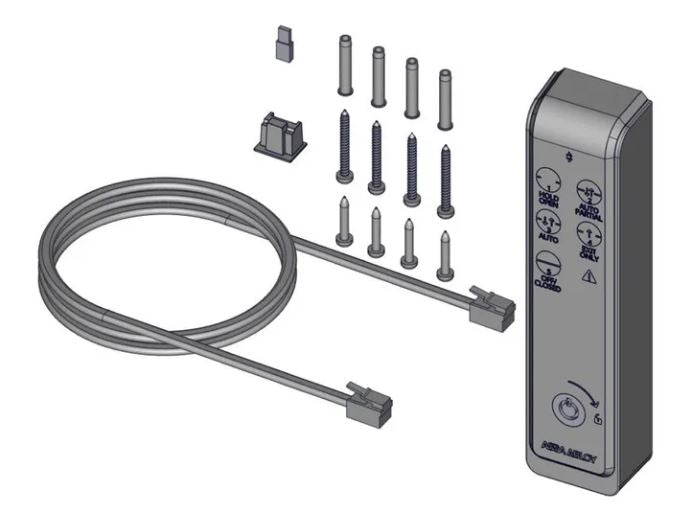 Assa Abloy - OMS Standard BLE with key consisting on a cat 5 cable, fixings and a rectangular panel, on a white background.