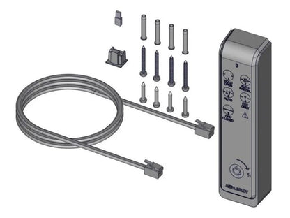 Assa Abloy - OMS Standard BLE with key consisting on a cat 5 cable, fixings and a rectangular panel, on a white background.