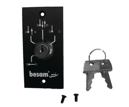 Assa abloy program selector consisting of a Lock plate with key and screws on a white background, featuring the brand 'besam'.