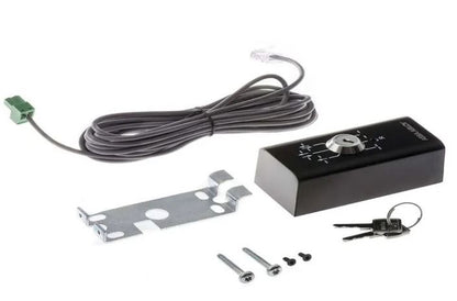 Assa Abloy - Program Selector PSK-6U, consisting of a Black electronic device with a dial and 'Assa abloy' branding, wire, fixings and two keys on a keyring on a white background