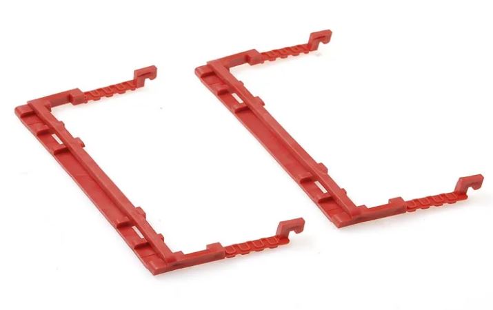 Assa Abloy - Anti riser kit  consisting of two pieces of Red plastic  brackets on a white background.