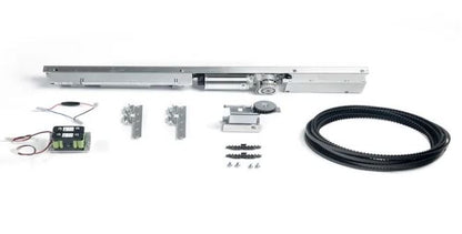 Assa Abloy - SL500 MUK for UniSlide in escape route consisting of a drive belt, battery pack, mechanical component and fixings, on a white background.