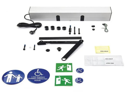 Swing door operator consisting of Door opener components, fixings and various labels in blue, white and green, on a white background 