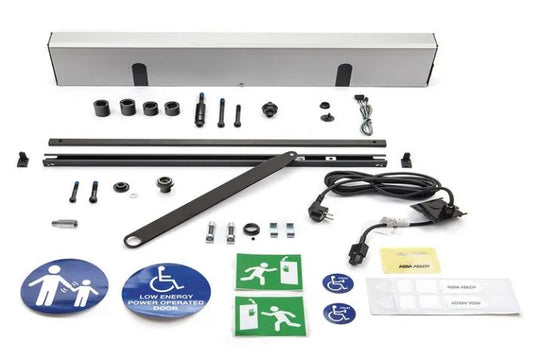 Swing door operator consisting of Door opener components, fixings and various labels in blue, white and green, on a white background 
