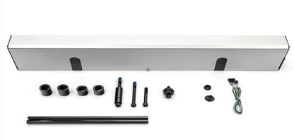 Swing door operator with components and fixings,  on a white background.