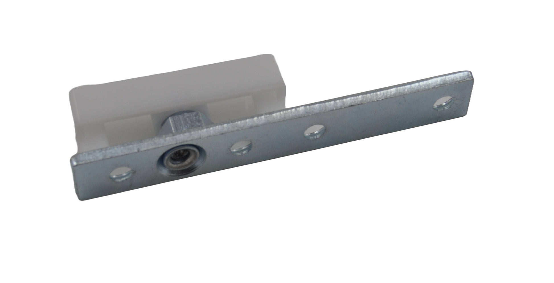 A side view of a  Besam Floor Guide Long Mounting Plate,  a rectangular metal plate with a white plastic rectangle mounted on the top and several holes drilled in,  also showing a white sticker with black print. On a white background.